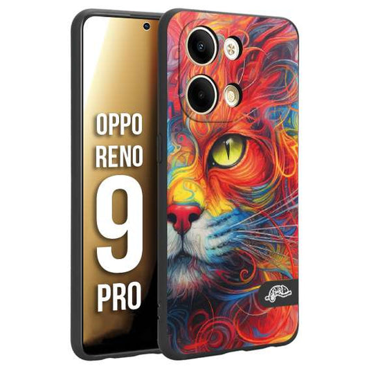 CUSTOMIZZA - Custodia cover nera morbida in tpu compatibile per Oppo Reno 9 PRO animali color cat gatto viso colori vibranti disegnato schizzo