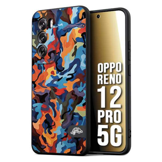 CUSTOMIZZA - Custodia cover nera morbida in tpu compatibile per Oppo Reno 12 PRO 5G camouflage mimetico militare moderno blu arancio rosso