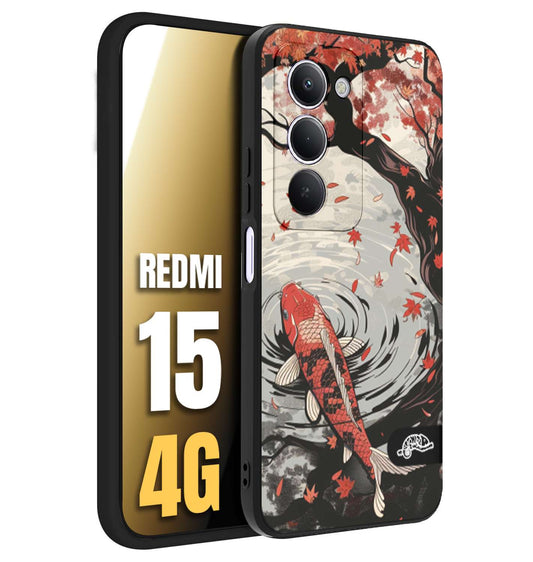 CUSTOMIZZA - Custodia cover nera morbida in tpu compatibile per Xiaomi Redmi 15 4G giapponese lago carpa koi rossa con foglie d'acero rosso disegnata tattoo