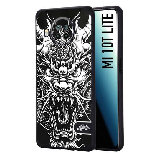 CUSTOMIZZA - Custodia cover nera morbida in tpu compatibile per Xiaomi Mi 10T LITE drago black and white bianco a rilievo disegnato tattoo tatuaggio