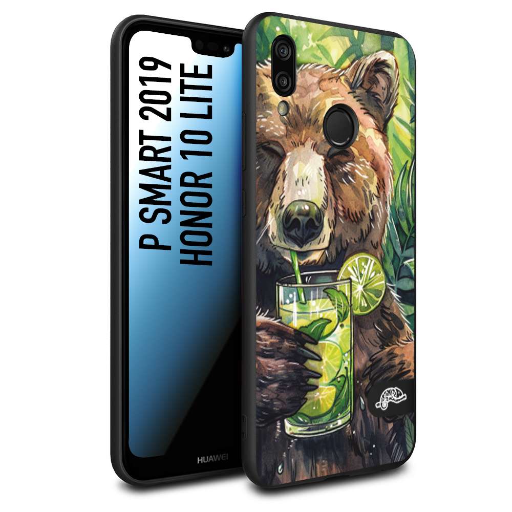 CUSTOMIZZA - Custodia cover nera morbida in tpu compatibile per Huawei P Smart 2019 estate disegnata cocktails animali simpatici orso bear negroni