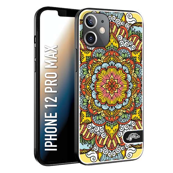 CUSTOMIZZA - Custodia cover nera morbida in tpu compatibile per iPhone 12 PRO MAX mandala colorato fiore nuvole arancione