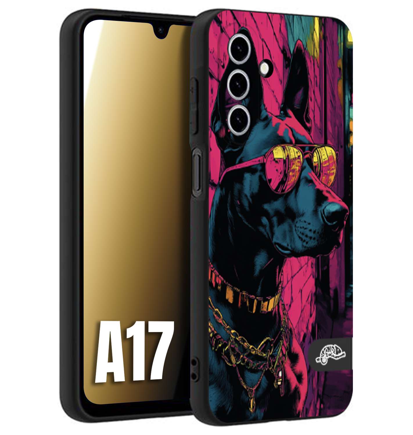 CUSTOMIZZA - Custodia cover nera morbida in tpu compatibile per Samsung A17 animali cyberpunk dobermann cane street dog fucsia blu