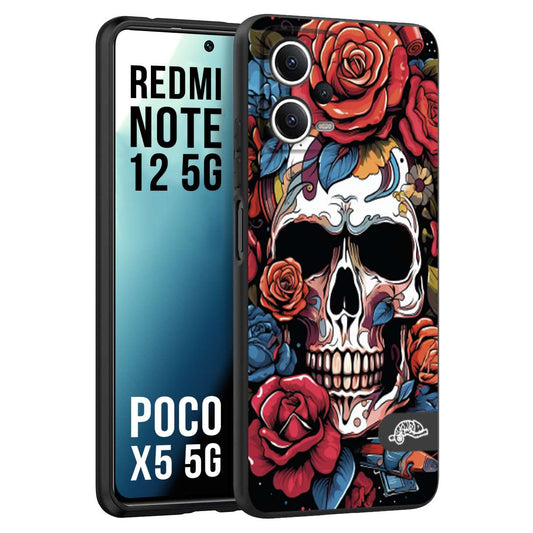 CUSTOMIZZA - Custodia cover nera morbida in tpu compatibile per Xiaomi Redmi Note 12 5G - POCO X5 5G teschio skull flowers fiori rose rosse tattoo disegnato