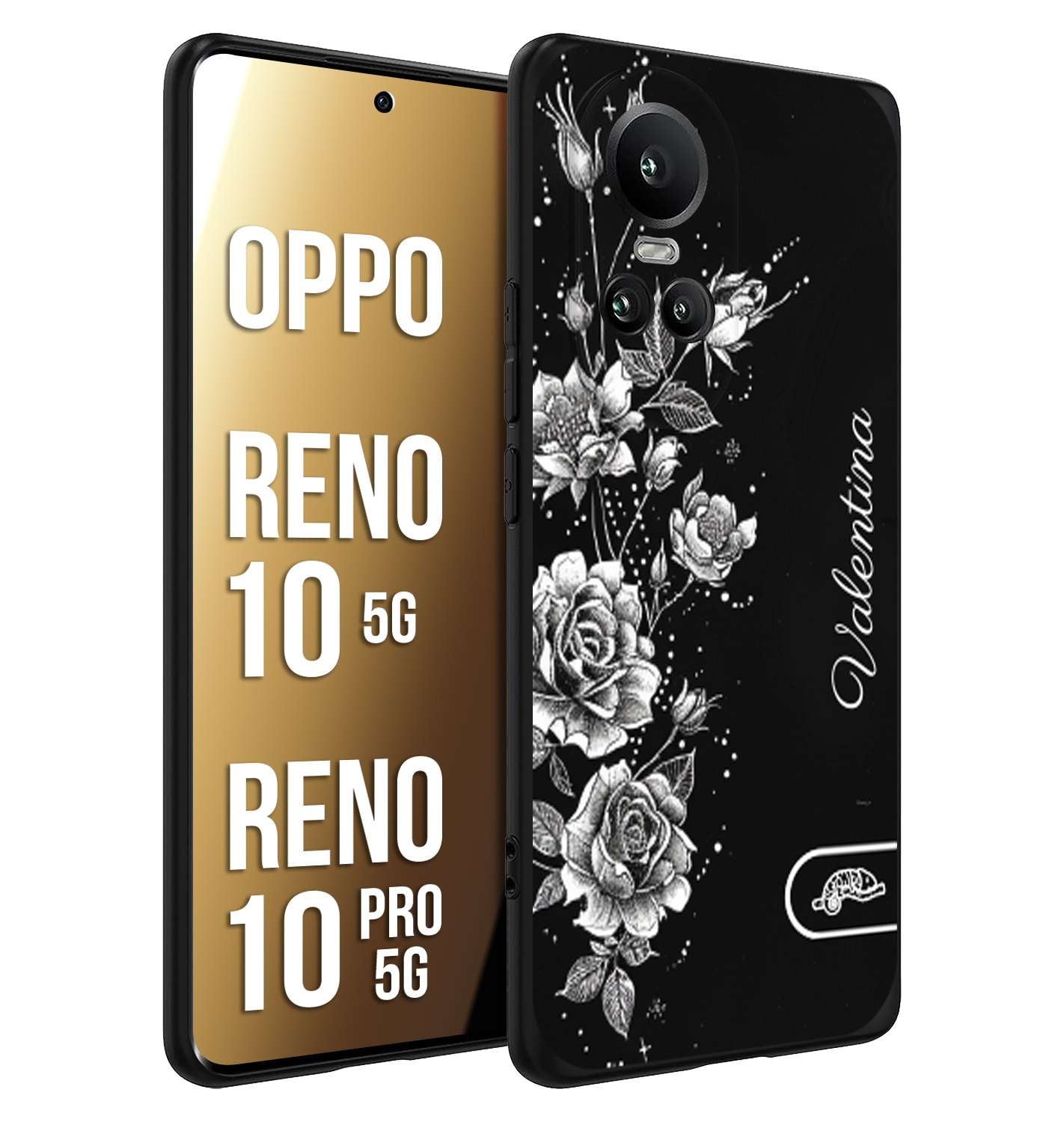 CUSTOMIZZA - Custodia cover nera morbida in tpu compatibile per Oppo Reno 10 5G - 10 PRO 5G a rilievo soft touch personalizzata nome rose fiori donna