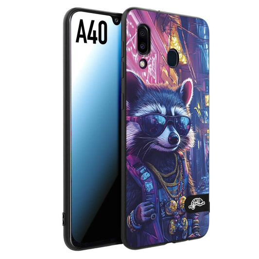 CUSTOMIZZA - Custodia cover nera morbida in tpu compatibile per Samsung A40 animali simpatici cyberpunk procione racoon street cat fucsia blu giallo