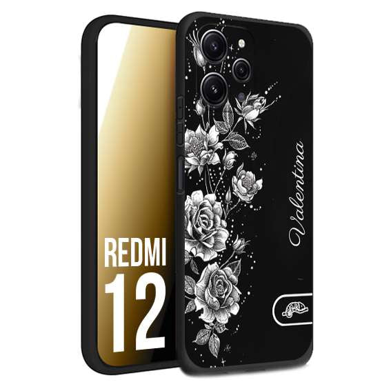 CUSTOMIZZA - Custodia cover nera morbida in tpu compatibile per Xiaomi Redmi 12 a rilievo soft touch personalizzata nome rose fiori donna