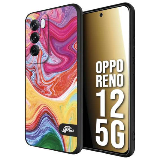 CUSTOMIZZA - Custodia cover nera morbida in tpu compatibile per Oppo Reno 12 5G colorata fantasia vortice marmo onde verde fucsia gialla