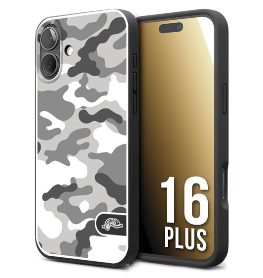 CUSTOMIZZA - Custodia cover nera morbida in tpu compatibile per iPhone 16 PLUS camouflage mimetico militare bianco white