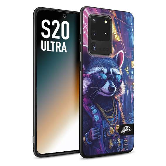CUSTOMIZZA - Custodia cover nera morbida in tpu compatibile per Samsung S20 ULTRA animali simpatici cyberpunk procione racoon street cat fucsia blu giallo