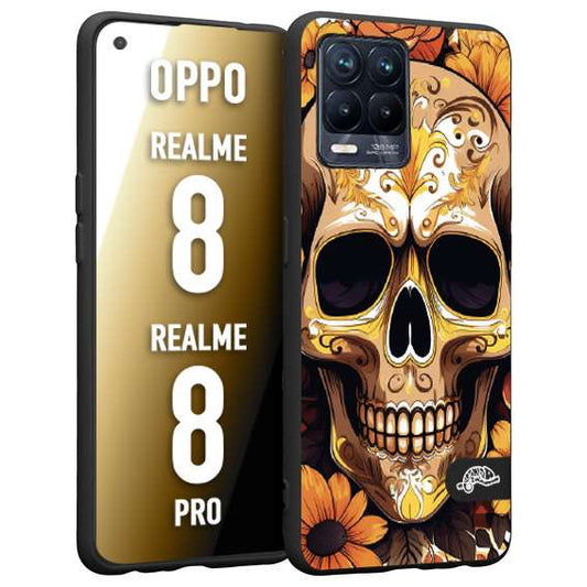 CUSTOMIZZA - Custodia cover nera morbida in tpu compatibile per Realme 8 - 8 PRO teschio messicano colorato dorato fiori tattoo disegnato