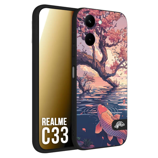 CUSTOMIZZA - Custodia cover nera morbida in tpu compatibile per Oppo Realme C33 giapponese lago carpa koi rosa con foglie d'acero disegnata tattoo