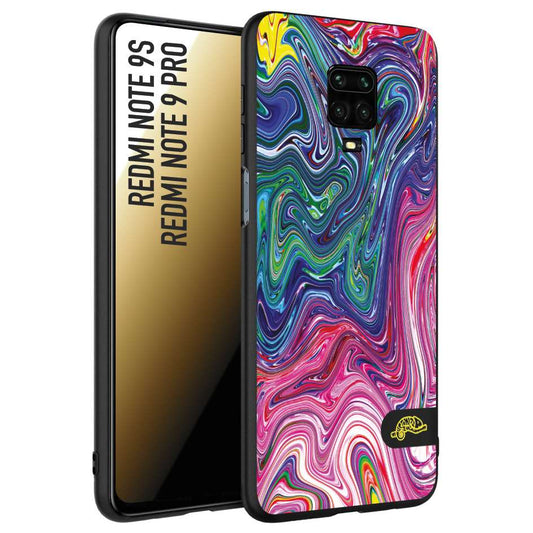 CUSTOMIZZA - Custodia cover nera morbida in tpu compatibile per Xiaomi Redmi Note 9S - Note 9 PRO colorata fantasia vortice marmo arcobaleno rosa blu fucsia