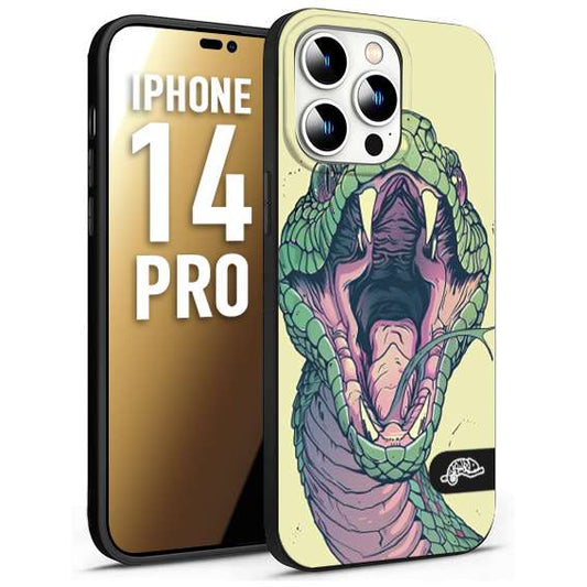 CUSTOMIZZA - Custodia cover nera morbida in tpu compatibile per iPhone 14 PRO snake yellow green serpente tatuaggio tattoo disegnato a mano