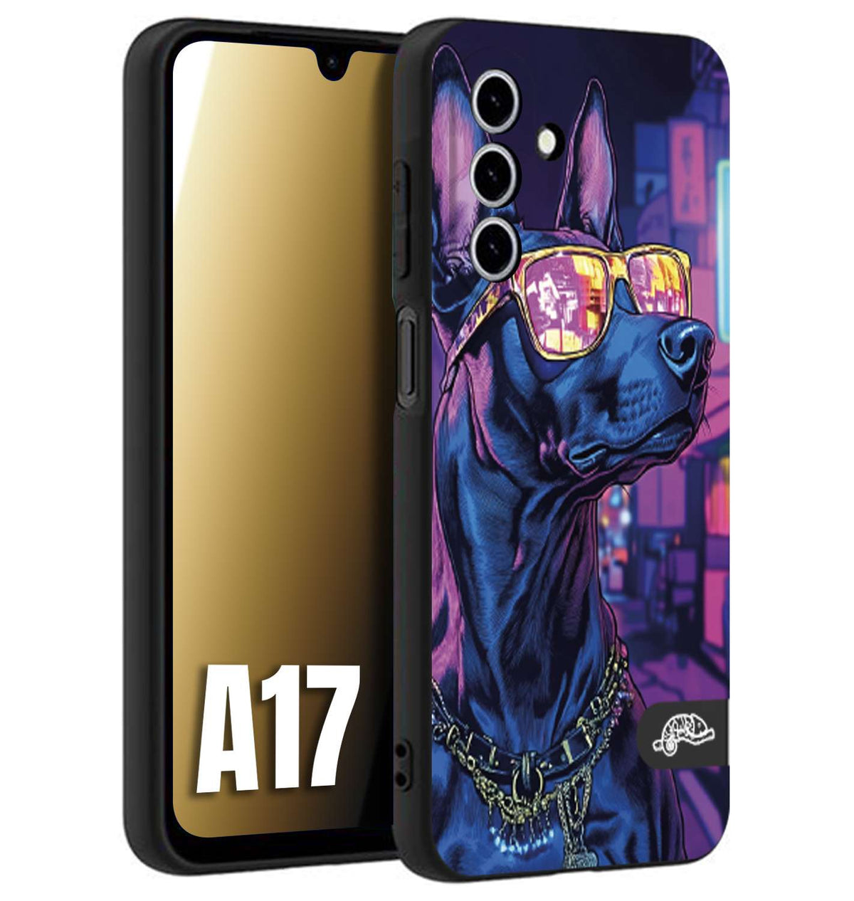 CUSTOMIZZA - Custodia cover nera morbida in tpu compatibile per Samsung A17 animali cyberpunk dobermann cane street dog fucsia blu night
