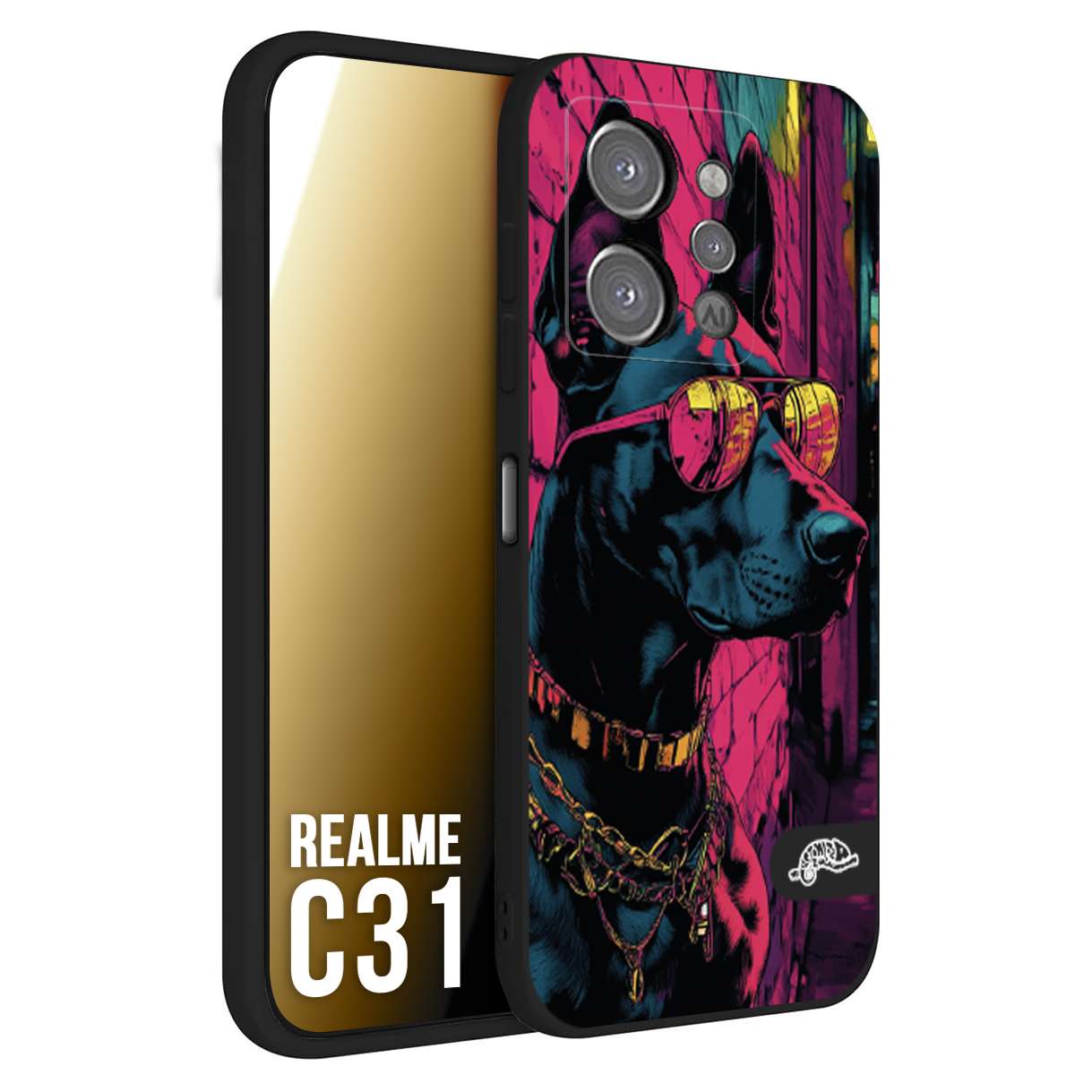CUSTOMIZZA - Custodia cover nera morbida in tpu compatibile per Realme C31 animali cyberpunk dobermann cane street dog fucsia blu