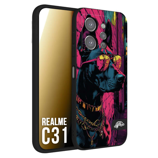 CUSTOMIZZA - Custodia cover nera morbida in tpu compatibile per Realme C31 animali cyberpunk dobermann cane street dog fucsia blu