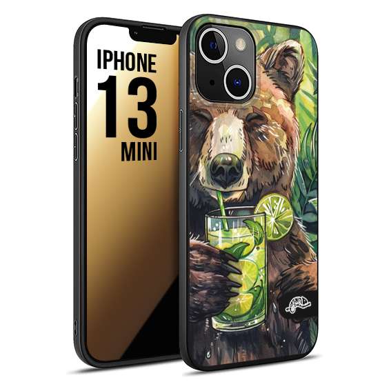 CUSTOMIZZA - Custodia cover nera morbida in tpu compatibile per iPhone 13 MINI estate disegnata cocktails animali simpatici orso bear negroni