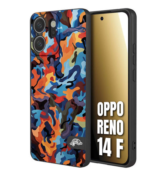 CUSTOMIZZA - Custodia cover nera morbida in tpu compatibile per Oppo Reno 14 F camouflage mimetico militare moderno blu arancio rosso