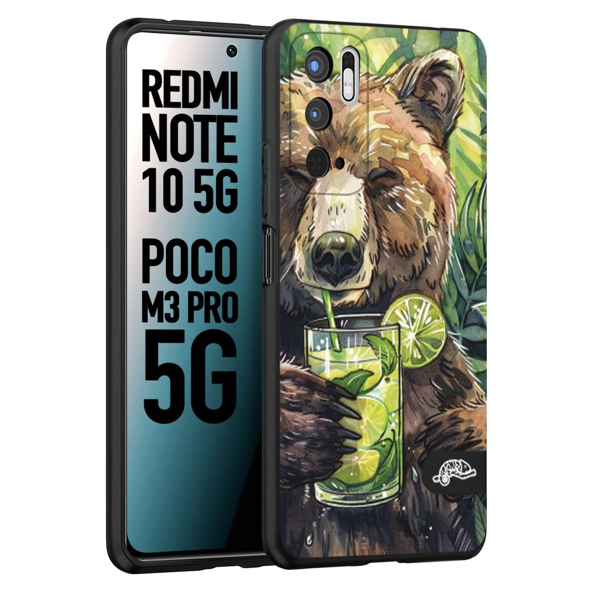 CUSTOMIZZA - Custodia cover nera morbida in tpu compatibile per Xiaomi Redmi Note 10 5G - Poco M3 Pro 5G fiori estate disegnata cocktails animali simpatici orso bear negroni