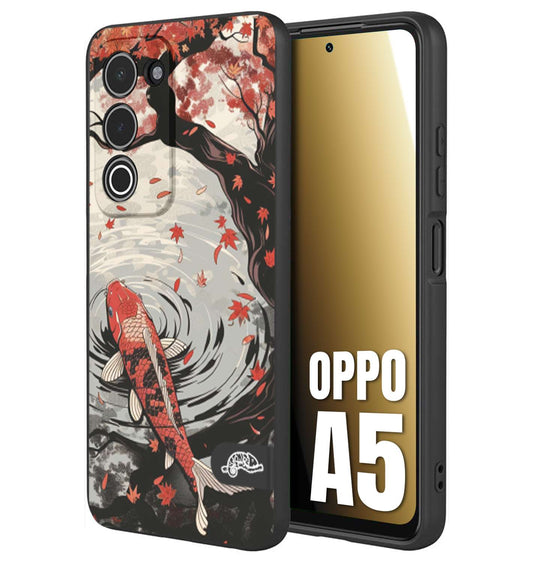 CUSTOMIZZA - Custodia cover nera morbida in tpu compatibile per Oppo A5 giapponese lago carpa koi rossa con foglie d'acero rosso disegnata tattoo