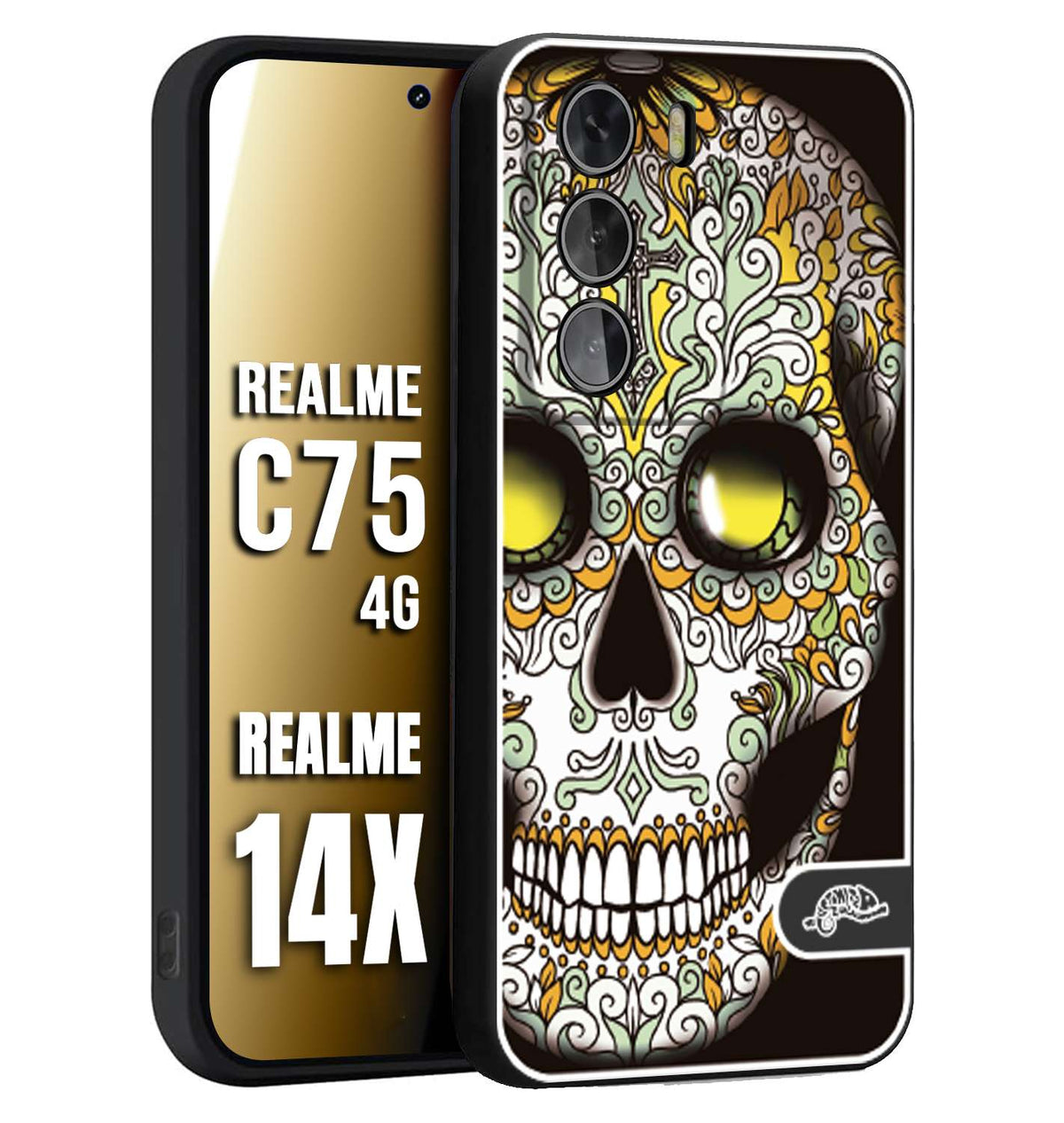 CUSTOMIZZA - Custodia cover nera morbida in tpu compatibile per Realme 14X - C75 4G teschio messicano Mexican skull bianco verde giallo