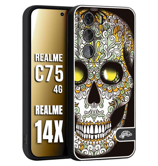 CUSTOMIZZA - Custodia cover nera morbida in tpu compatibile per Realme 14X - C75 4G teschio messicano Mexican skull bianco verde giallo