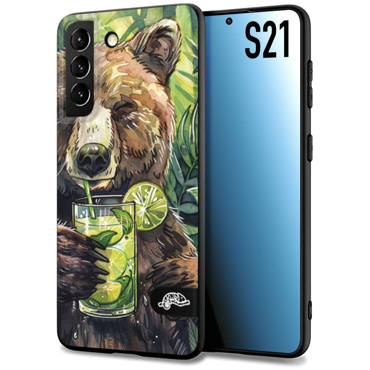 CUSTOMIZZA - Custodia cover nera morbida in tpu compatibile per Samsung S21 fiori estate disegnata cocktails animali simpatici orso bear negroni