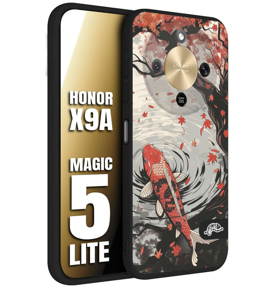 CUSTOMIZZA - Custodia cover nera morbida in tpu compatibile per Honor X9A - Honor Magic 5 Lite giapponese lago carpa koi rossa con foglie d'acero rosso disegnata tattoo