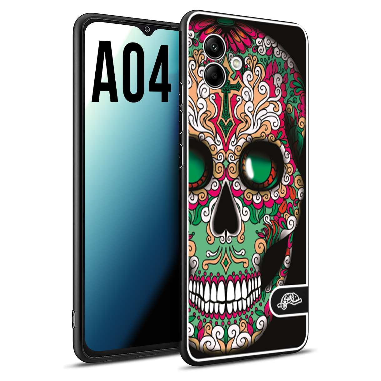 CUSTOMIZZA - Custodia cover nera morbida in tpu compatibile per Samsung A04 teschio messicano Mexican skull verde fucsia