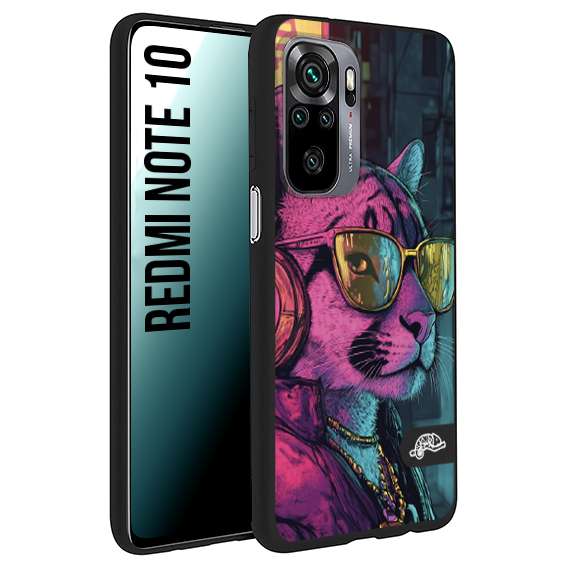 CUSTOMIZZA - Custodia cover nera morbida in tpu compatibile per Xiaomi Redmi Note 10 animali cyberpunk pantera street cat fucsia blu giallo