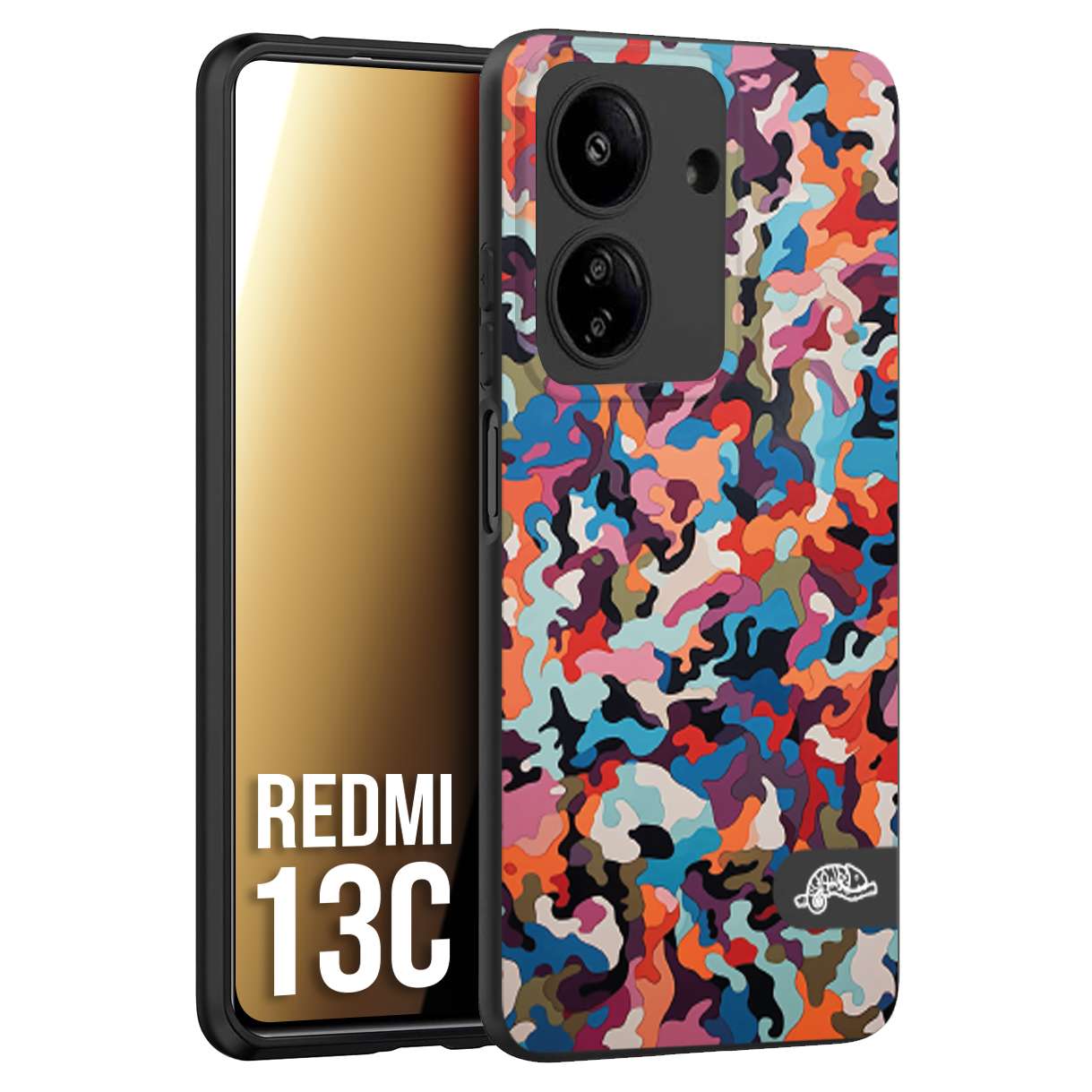 CUSTOMIZZA - Custodia cover nera morbida in tpu compatibile per Xiaomi Redmi 13C camouflage mimetico militare moderno blu arancio rosa