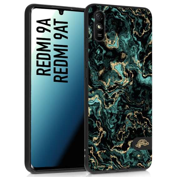 CUSTOMIZZA - Custodia cover nera morbida in tpu compatibile per Xiaomi Redmi 9A - 9AT effetto marmo marble verde green venature dorato pietra