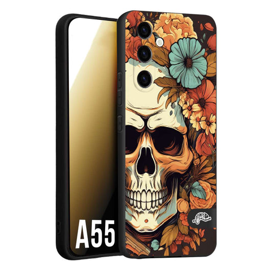 CUSTOMIZZA - Custodia cover nera morbida in tpu compatibile per Samsung A55 5G teschio skull flowers fiori autunnali arancio celeste tattoo