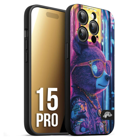 CUSTOMIZZA - Custodia cover nera morbida in tpu compatibile per iPhone 15 PRO animali cyberpunk orsetto orso street bear fucsia blu night