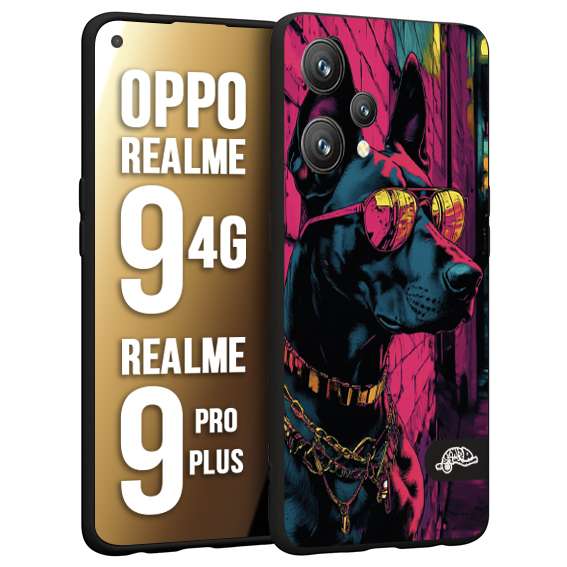 CUSTOMIZZA - Custodia cover nera morbida in tpu compatibile per Realme 9 4G - 9 PRO PLUS animali cyberpunk dobermann cane street dog fucsia blu