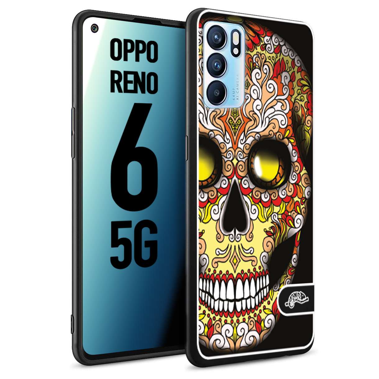 CUSTOMIZZA - Custodia cover nera morbida in tpu compatibile per Oppo Reno 6 5G teschio messicano Mexican skull giallo rosso arancio