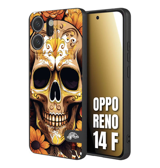 CUSTOMIZZA - Custodia cover nera morbida in tpu compatibile per Oppo Reno 14 F teschio messicano colorato dorato fiori tattoo disegnato
