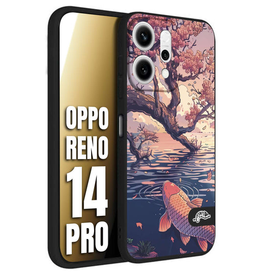CUSTOMIZZA - Custodia cover nera morbida in tpu compatibile per Oppo Reno 14 PRO giapponese lago carpa koi rosa con foglie d'acero disegnata tattoo