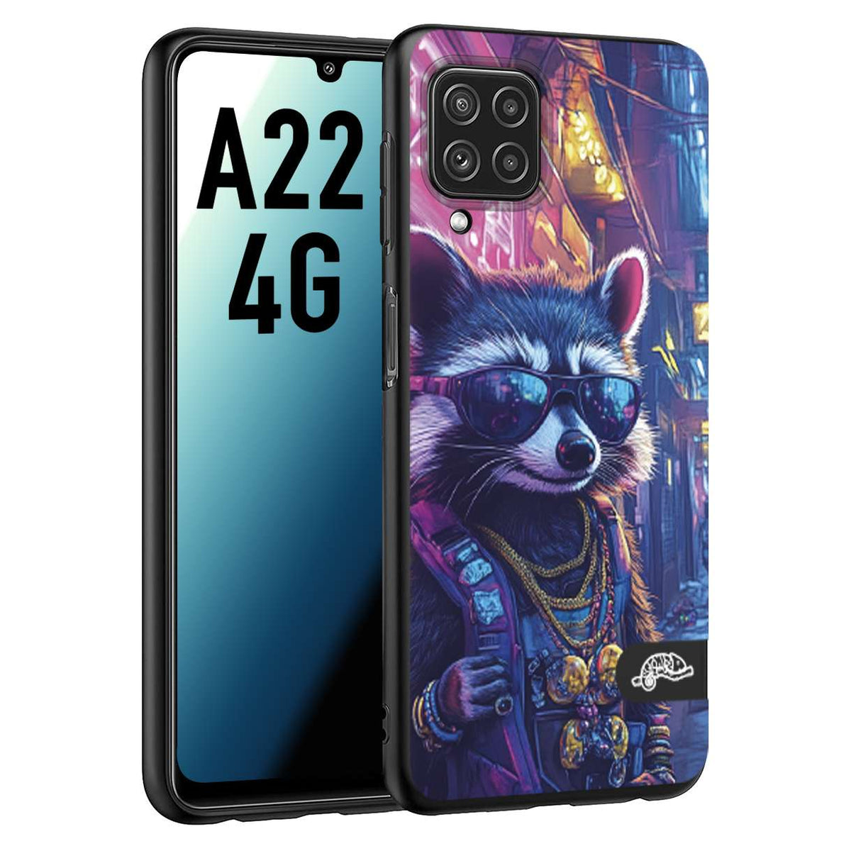 CUSTOMIZZA - Custodia cover nera morbida in tpu compatibile per Samsung A22 4G animali simpatici cyberpunk procione racoon street cat fucsia blu giallo