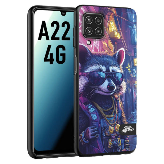 CUSTOMIZZA - Custodia cover nera morbida in tpu compatibile per Samsung A22 4G animali simpatici cyberpunk procione racoon street cat fucsia blu giallo