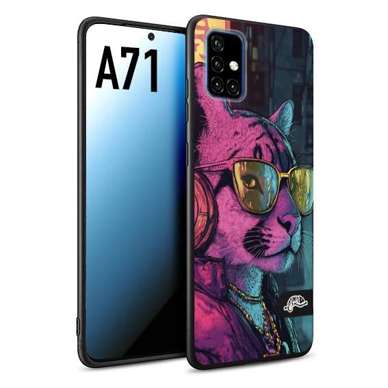 CUSTOMIZZA - Custodia cover nera morbida in tpu compatibile per Samsung A71 animali cyberpunk pantera street cat fucsia blu giallo