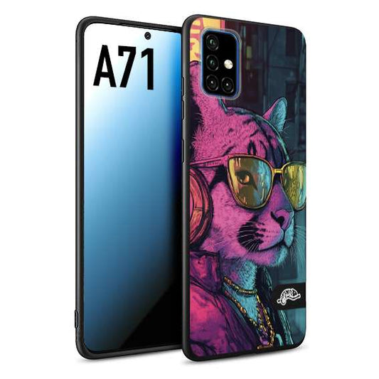 CUSTOMIZZA - Custodia cover nera morbida in tpu compatibile per Samsung A71 animali cyberpunk pantera street cat fucsia blu giallo