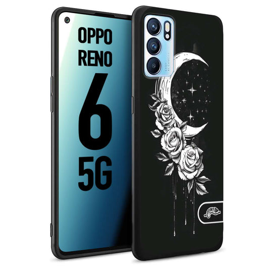 CUSTOMIZZA - Custodia cover nera morbida in tpu compatibile per Oppo Reno 6 5G luna e fiori moon flowers black and white bianco a rilievo disegnato tattoo tatuaggio