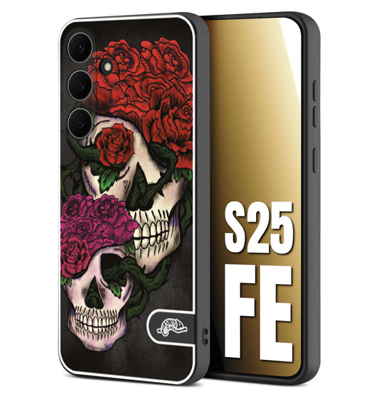 CUSTOMIZZA - Custodia cover nera morbida in tpu compatibile per Samsung S25 FE teschi e rose rosse fucsia skull and roses