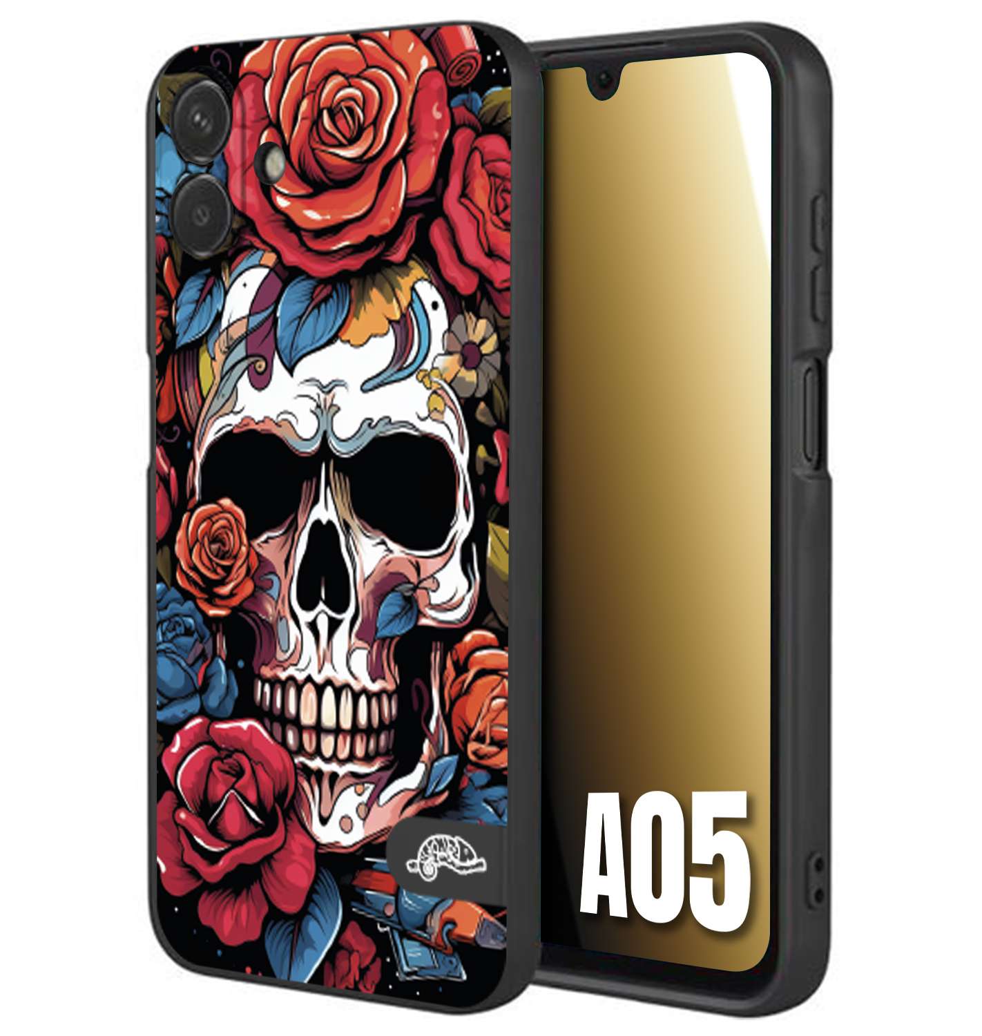 CUSTOMIZZA - Custodia cover nera morbida in tpu compatibile per Samsung A05 teschio skull flowers fiori rose rosse tattoo disegnato