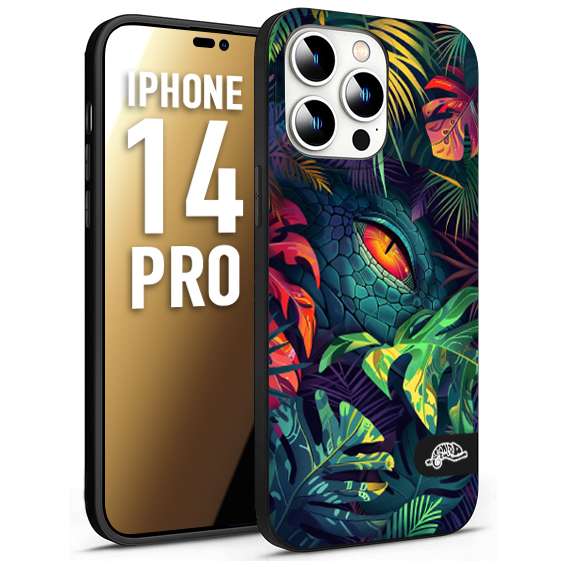 CUSTOMIZZA - Custodia cover nera morbida in tpu compatibile per iPhone 14 PRO animali color giungla tropicale occhio di coccodrillo alligatore disegnato
