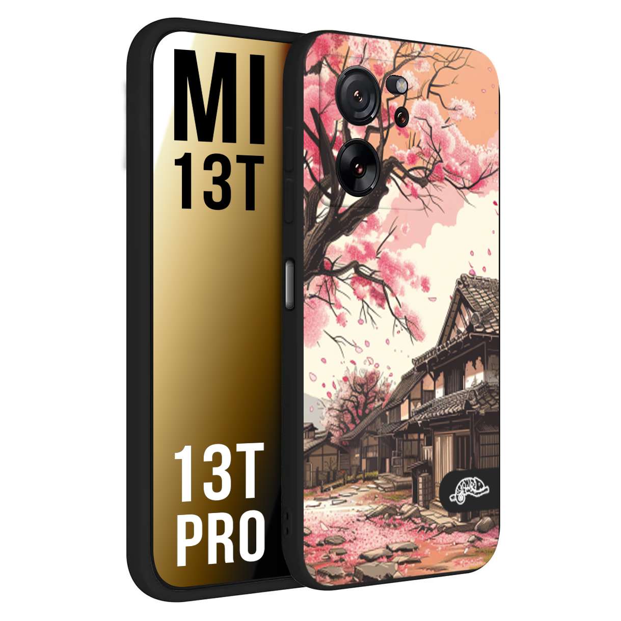 CUSTOMIZZA - Custodia cover nera morbida in tpu compatibile per Xiaomi 13T - 13T PRO casa giapponese rosa ciliegio in fiore disegnata tattoo