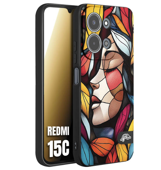 CUSTOMIZZA - Custodia cover nera morbida in tpu compatibile per Xiaomi Redmi 15C Vetrata artistica volto di donna profilo fogliare mosaico di vetro colorato