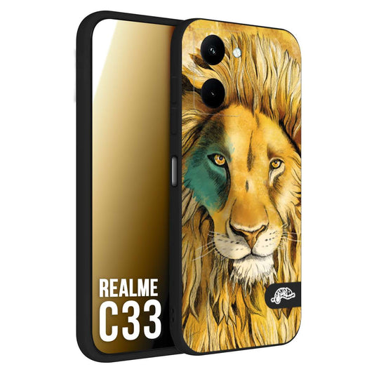 CUSTOMIZZA - Custodia cover nera morbida in tpu compatibile per Oppo Realme C33 leone lion disegnato a mano giallo blu a rilievo artistico brown